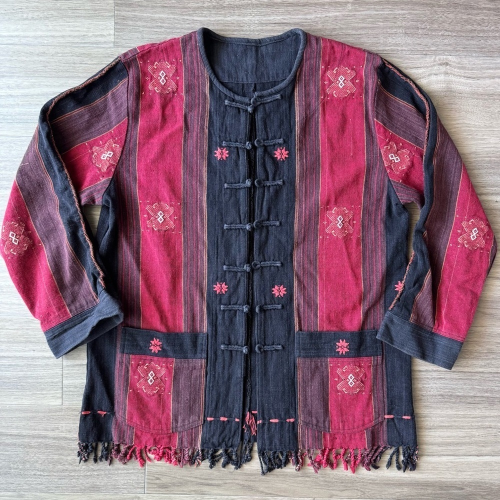 Vintage Black Red Embroidered Fringe Button Jacket